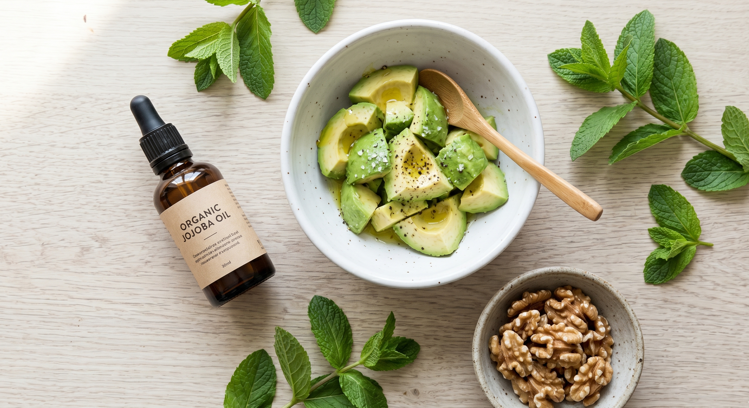 Ingrédients d'une routine naturelle et d'une alimentation anti-inflammatoire pour apaiser la peau.