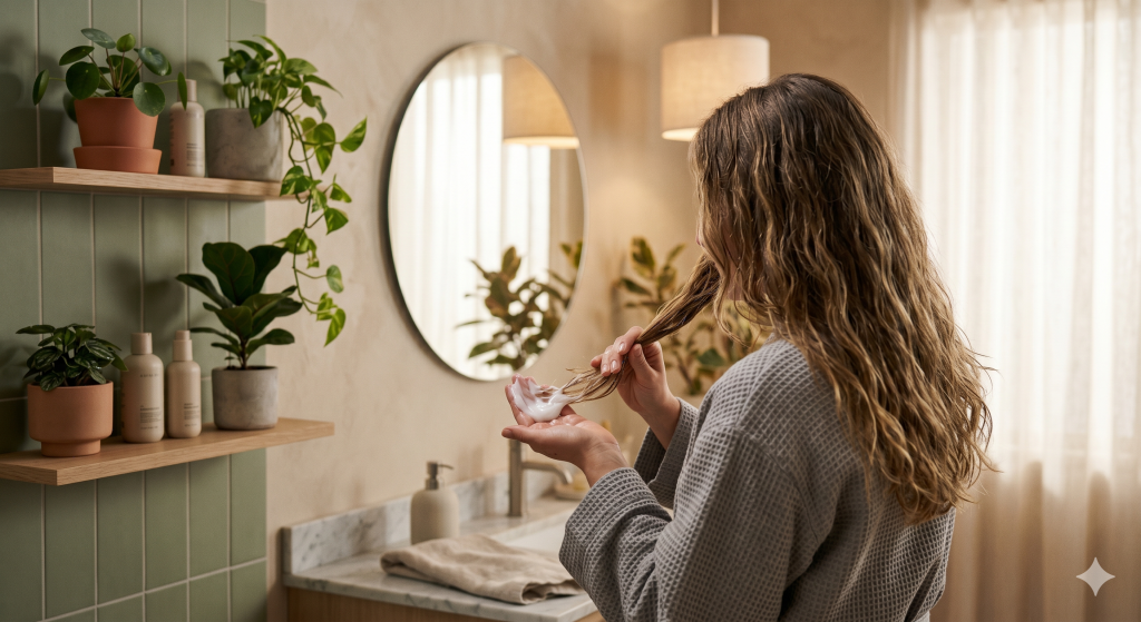 Femme appliquant un soin capillaire protéiné sur des pointes abîmées.