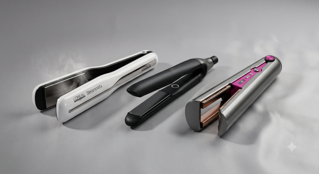 Comparatif visuel de trois fers à lisser haut de gamme : le Steampod 4, le ghd chronos et le Dyson Corrale alignés en studio.