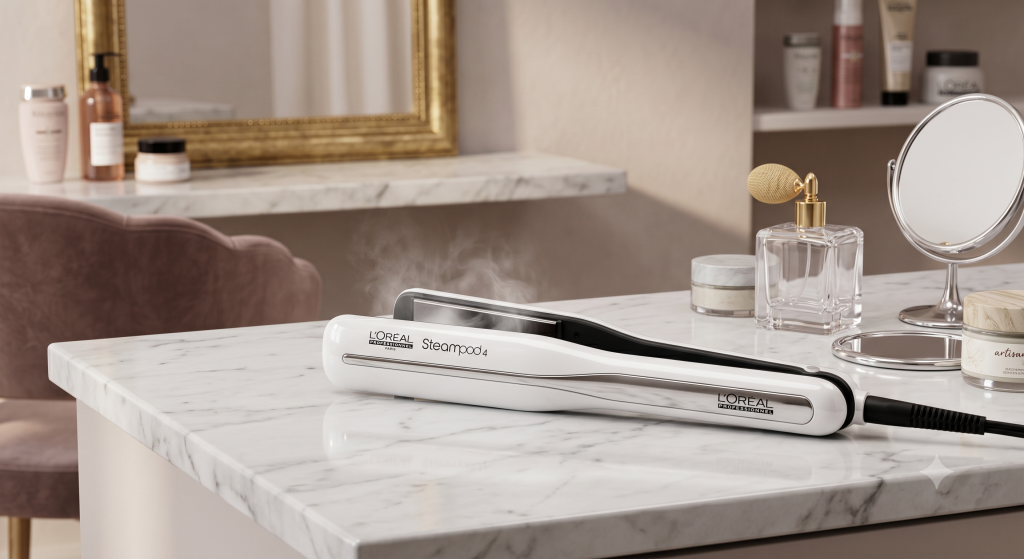 Lisseur vapeur professionnel L'Oréal Steampod 4 blanc brillant posé sur une coiffeuse élégante avec sa buse de vapeur visible.