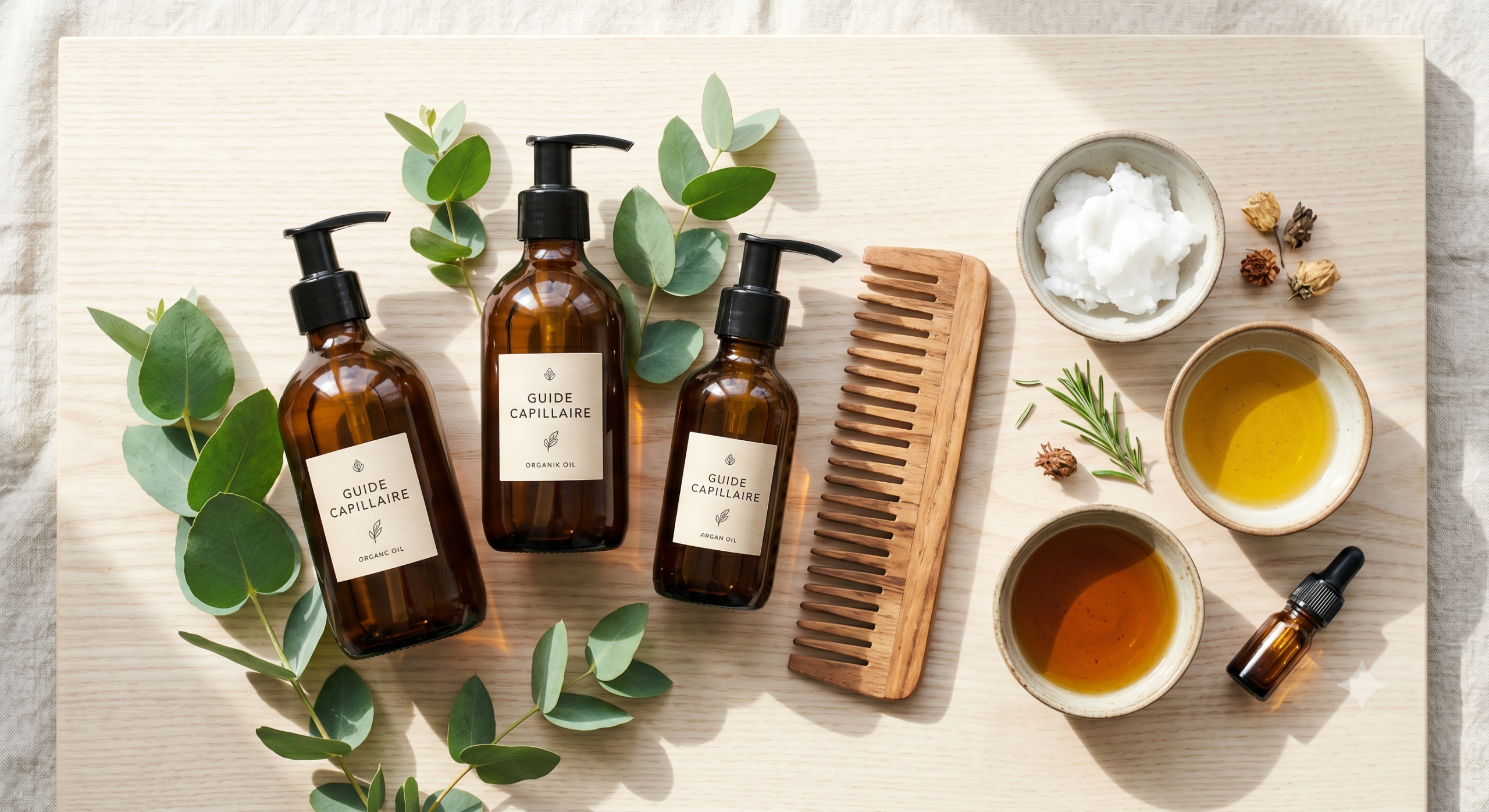 Sélection de produits capillaires naturels et flacons en verre pour créer une routine sur-mesure selon sa porosité.