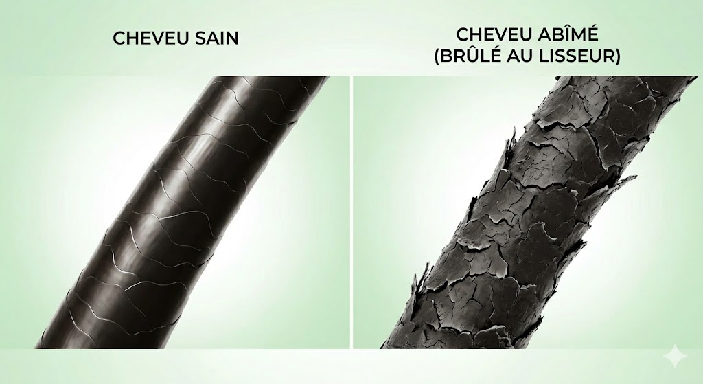 Comparaison microscopique entre une cuticule de cheveu sain et des cheveux abîmés à cause du lisseur.